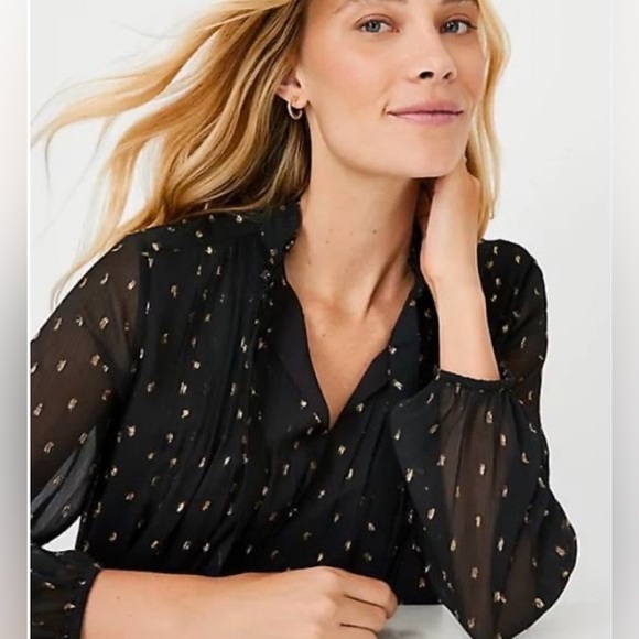 Ann Taylor Shimmer Navy Mock Neck Blouse - Picture 2 of 4